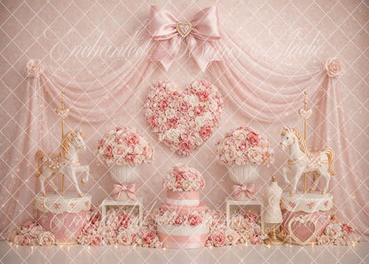 Avezano Pink Bow Heart Floral Carousel Photography Backdrop Designed By Enchanted Design Studio
