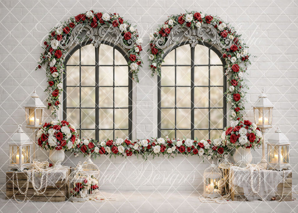 Avezano Red White Floral Arch Vintage Window Photography Backdrop Designed By Enchanted Design Studio