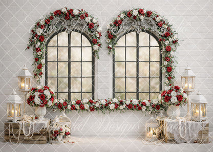 Avezano Red White Floral Arch Vintage Window Photography Backdrop Designed By Enchanted Design Studio