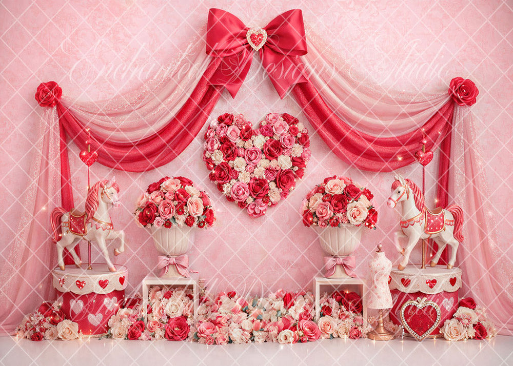 Avezano Red Pink Bow Heart Floral Carousel Photography Backdrop Designed By Enchanted Design Studio