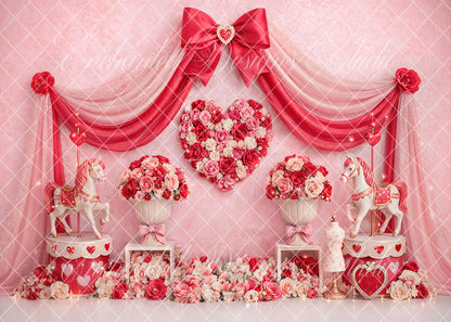 Avezano Red Pink Bow Heart Floral Carousel Photography Backdrop Designed By Enchanted Design Studio