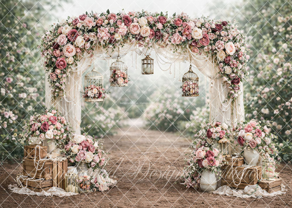 Avezano Pink Floral Arch Birdcage Pearl Garden Path Photography Backdrop Designed By Enchanted Design Studio