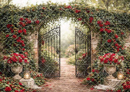 Avezano Red Rose Vine Covered Iron Gate Stone Wall Photography Backdrop Designed By Enchanted Design Studio