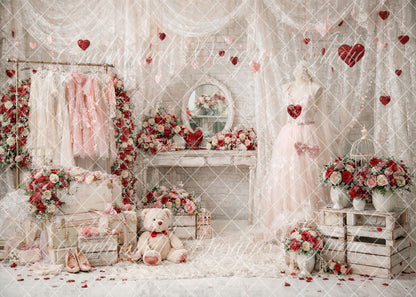 Avezano Pink White Lace Curtain Wedding Dress Vanity Floral Photography Backdrop Designed By Enchanted Design Studio