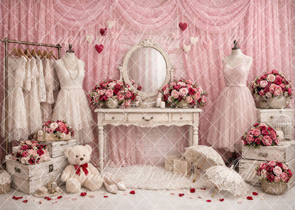 Avezano Pink Curtain Vintage Vanity Wedding Dress Floral Photography Backdrop Designed By Enchanted Design Studio