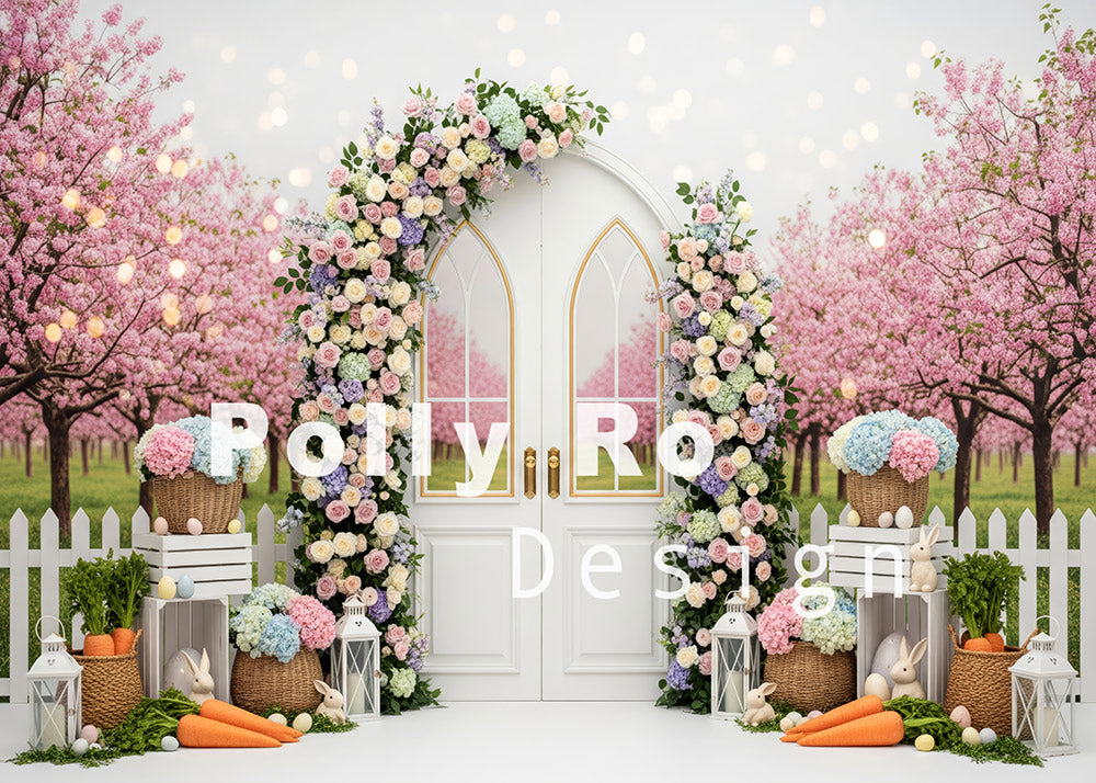 Avezano Cherry Blossom White Arch Floral Easter Bunny Photography Backdrop Designed By Polly Ro Design