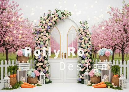 Avezano Cherry Blossom White Arch Floral Easter Bunny Photography Backdrop Designed By Polly Ro Design