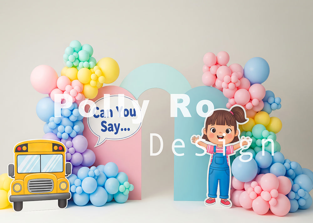 Avezano Pastel Balloon Arch with School Bus Photography Backdrop Designed By Polly Ro Design