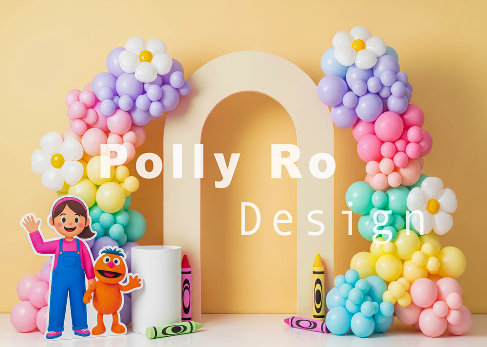 Avezano Rainbow Balloon Arch with Girl Photography Backdrop Designed By Polly Ro Design