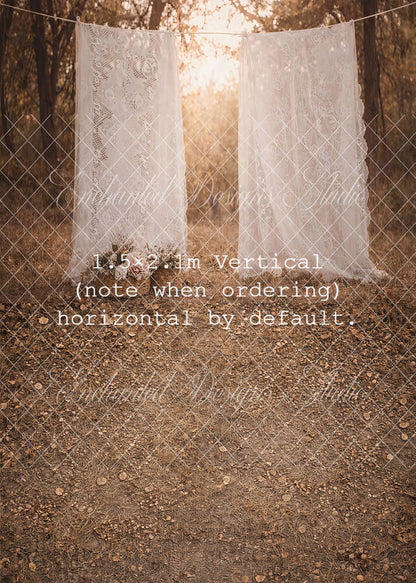 Avezano White Lace Curtain Floral Basket Forest Backdrop Designed By Enchanted Design Studio