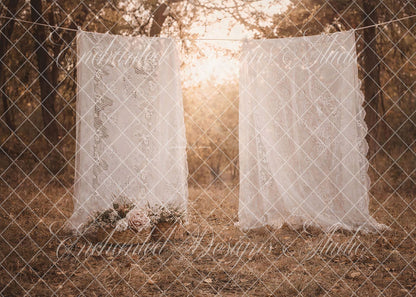 Avezano White Lace Curtain Floral Basket Forest Backdrop Designed By Enchanted Design Studio
