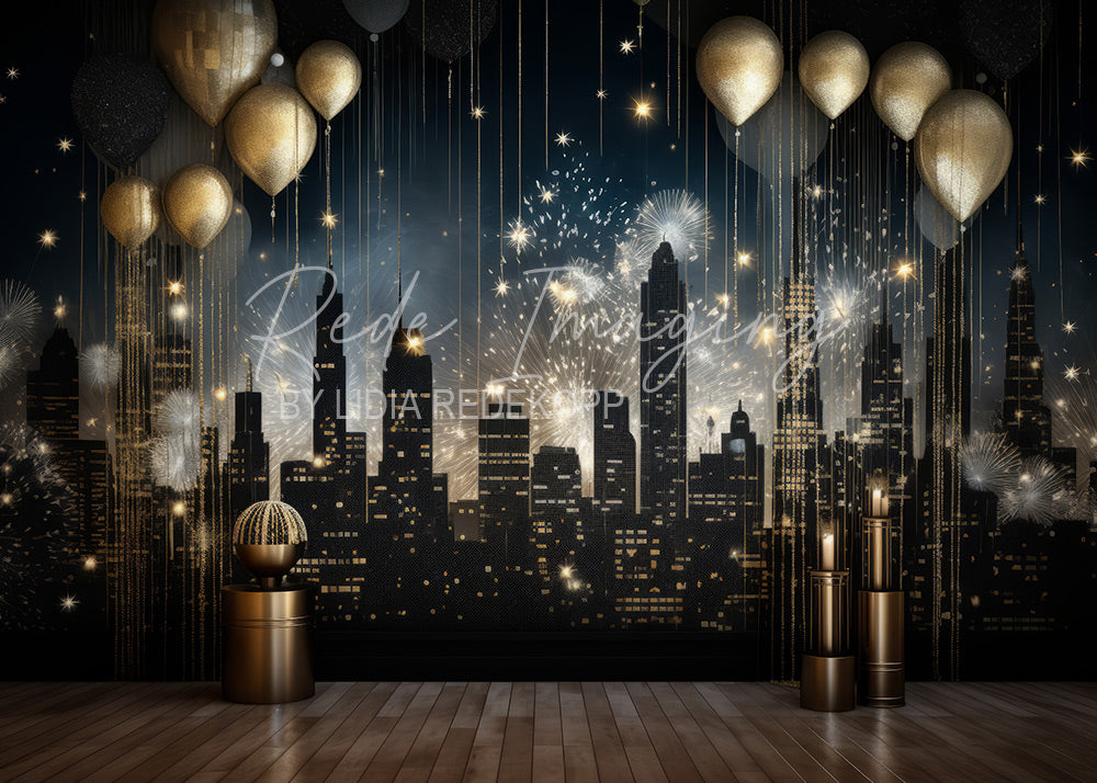 Avezano Black Gold Balloon Cityscape Photography Backdrop Designed By Lidia Redekopp