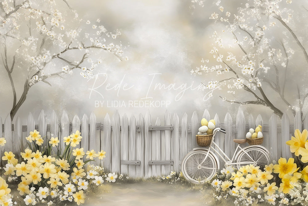 Avezano White Fence Yellow Flower Basket Photography Backdrop Designed By Lidia Redekopp