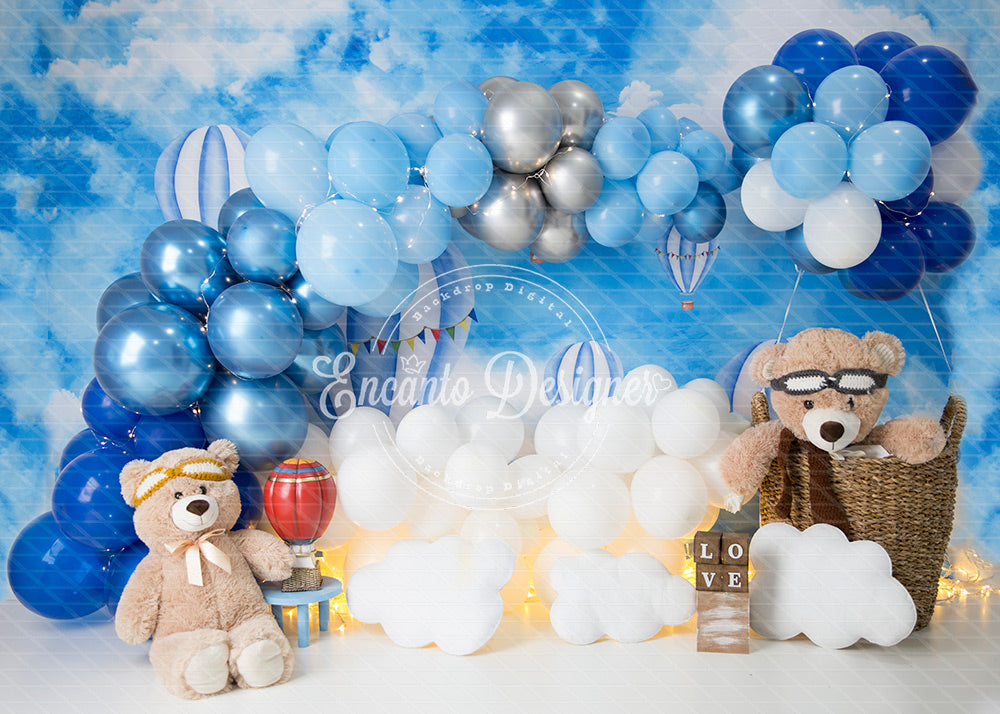 Avezano Blue Sky Hot Air Balloon Teddy Bear Photography Background By Encanto Designer