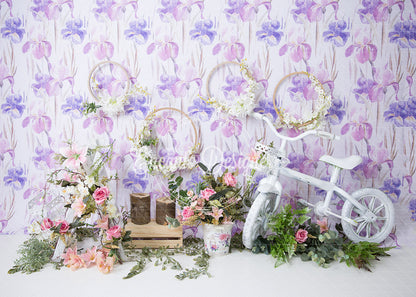 Avezano Purple Iris Floral White Bicycle Photography Background By Encanto Designer