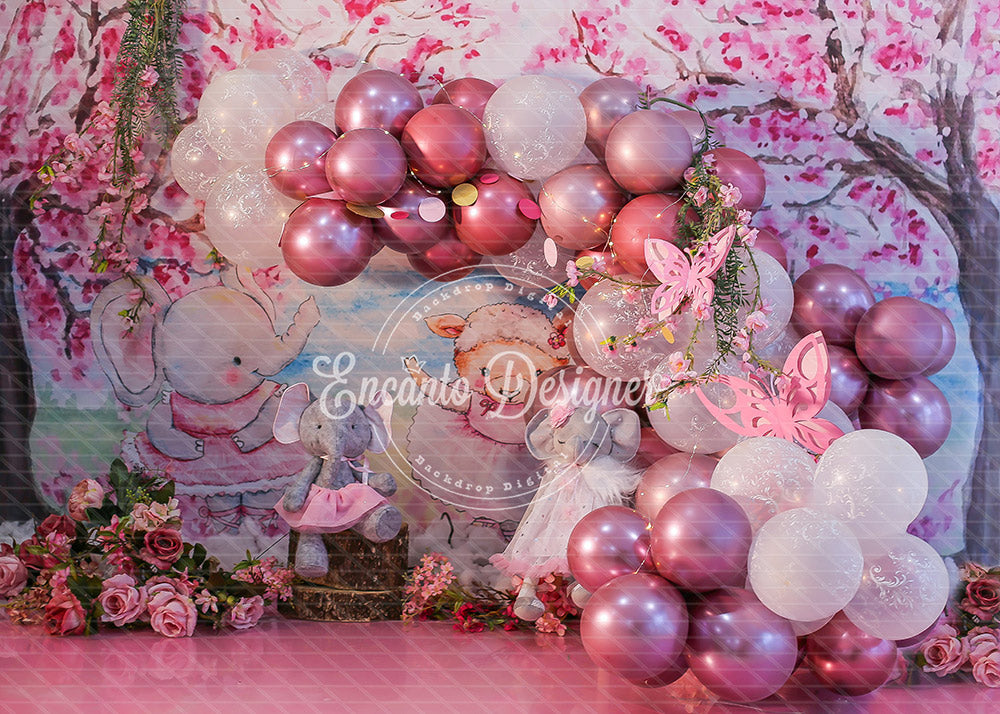 Avezano Cherry Blossom and Elephant Balloon Arch Photography Background By Encanto Designer