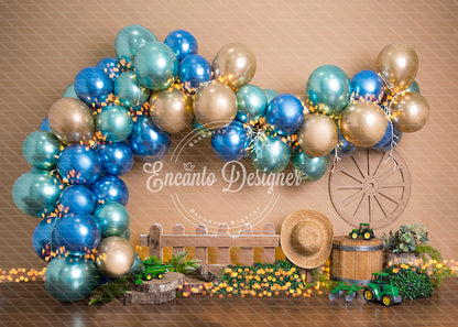 Avezano Rustic Wagon Wheel and Garland Photography Background By Encanto Designer