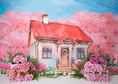 Avezano Red Roof Cottage and Pink Tree Photography Background By Encanto Designer