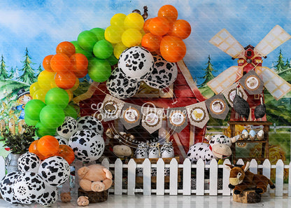 Avezano Cow Print Balloons and Windmill Farm Photography Background By Encanto Designer