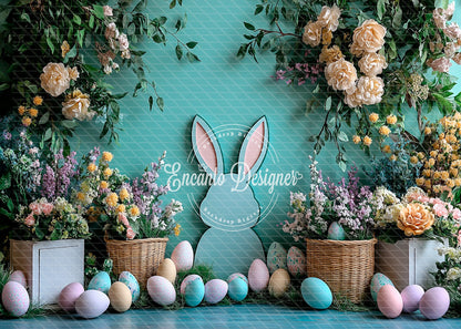 Avezano Mint Bunny Silhouette Easter Floral Photography Background By Encanto Designer