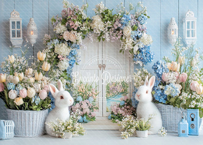 Avezano Blue Easter Bunny Floral Door Photography Background By Encanto Designer