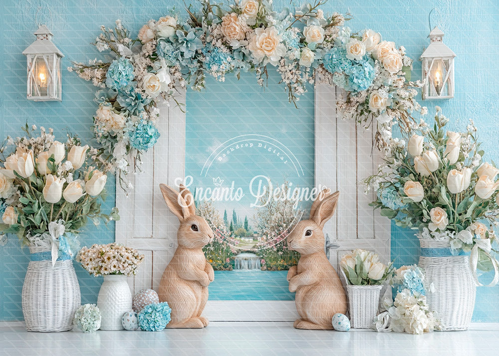 Avezano Blue Easter Bunny Floral Arch Photography Background By Encanto Designer
