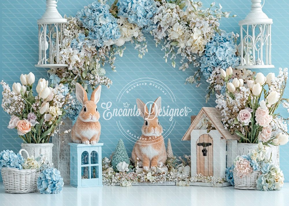 Avezano Blue Easter Bunny Floral House Photography Background By Encanto Designer