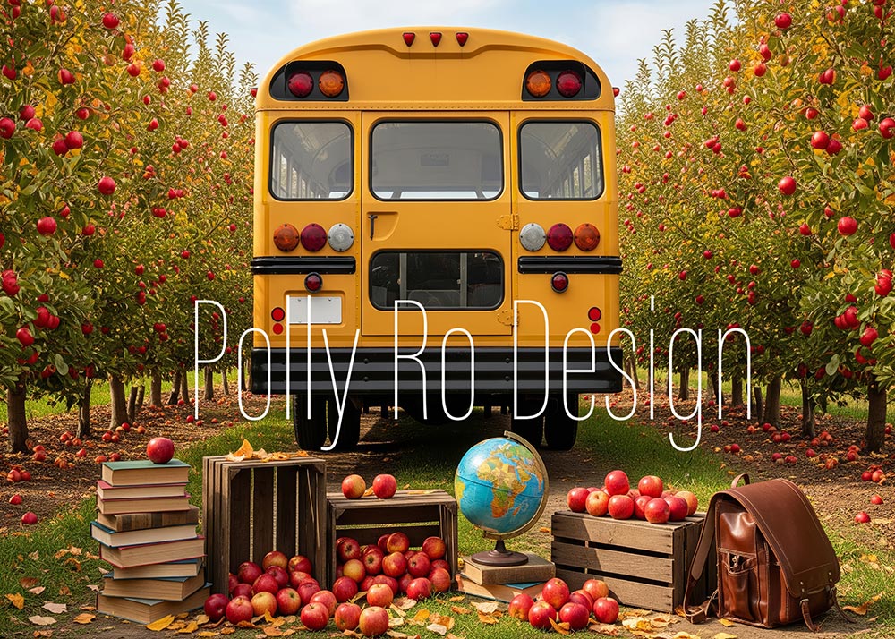 Avezano Back to School Yellow School Bus Apple Orchard Photography Backdrop Designed By Polly Ro Design