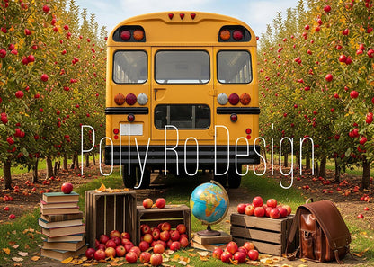 Avezano Back to School Yellow School Bus Apple Orchard Photography Backdrop Designed By Polly Ro Design