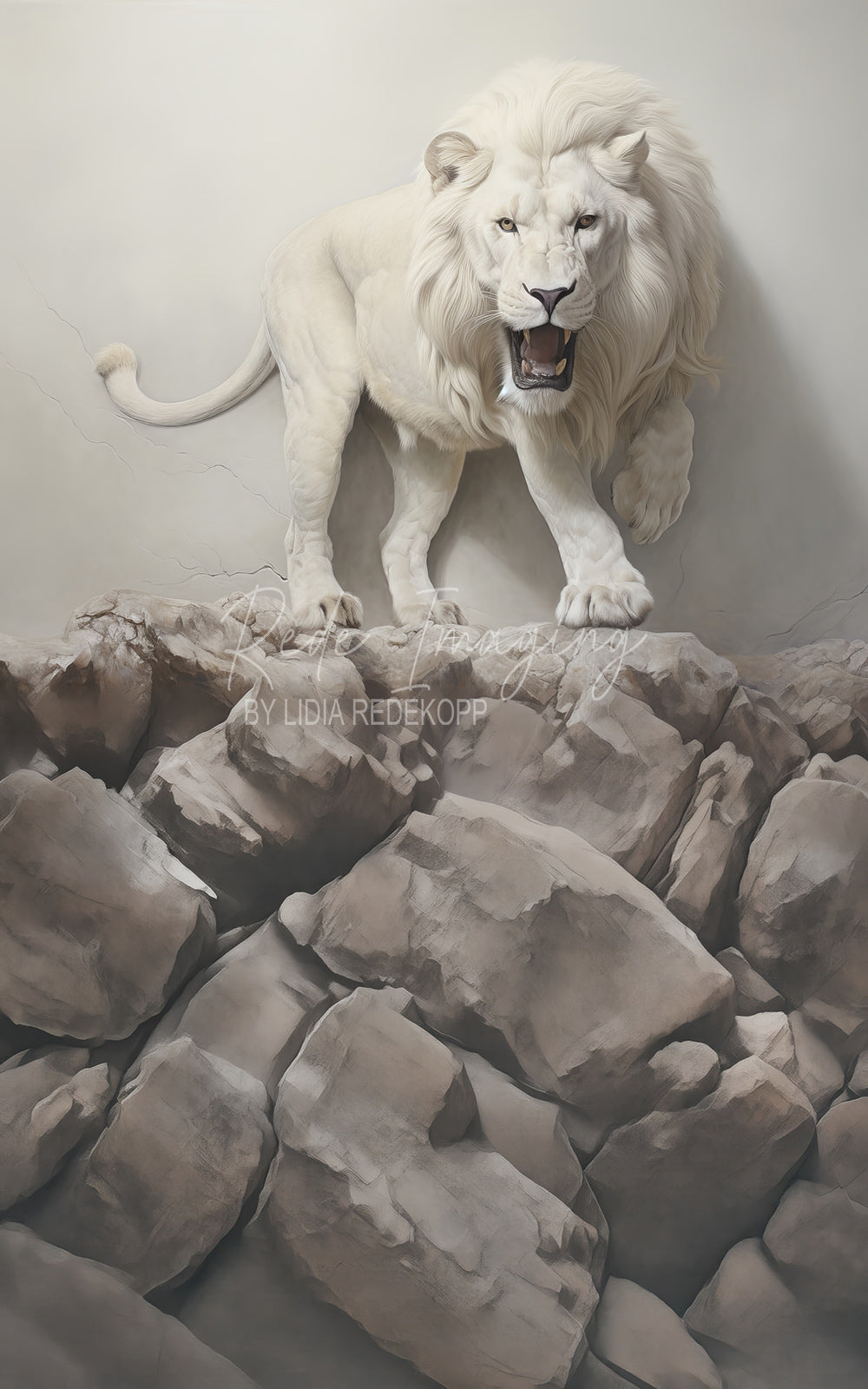 Avezano White Lion Roaring Rock Photography Backdrop Designed By Lidia Redekopp
