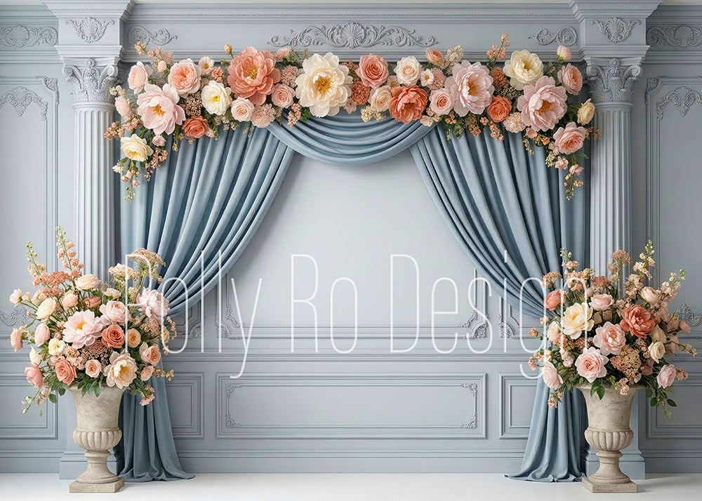 Avezano Luxury Blue Curtain Peony Floral Photography Backdrop Designed By Polly Ro Design
