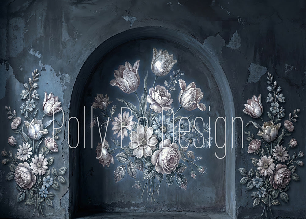 Avezano Moody Blue Vintage Floral Arch Photography Backdrop Designed By Polly Ro Design