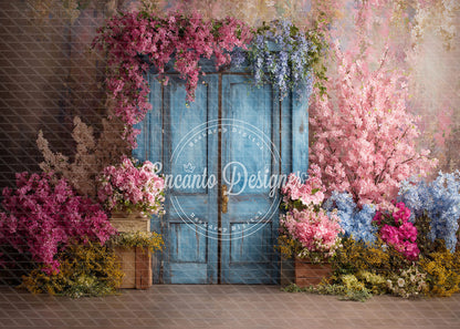 Avezano Vintage Blue Door Floral Wedding Photography Background By Encanto Designer