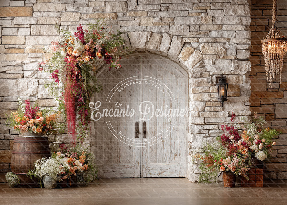 Avezano Rustic Stone Door Floral Wedding Photography Background By Encanto Designer