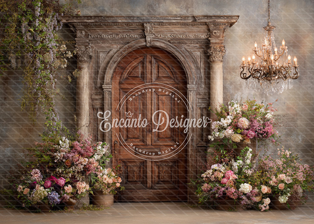 Avezano Vintage Carved Wood Door Floral Chandelier Photography Background By Encanto Designer