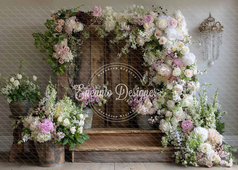 Avezano Neutral Wood Step Blush Peony Floral Photography Background By Encanto Designer