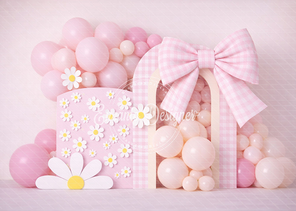 Avezano Pink Daisy Gingham Bow Balloon Photography Background By Encanto Designer