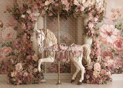 Avezano Vintage Floral Carousel Horse Photography Background By Encanto Designer