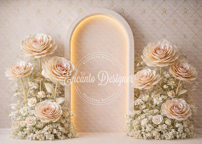 Avezano Beige Floral Neon Arch Photography Background By Encanto Designer