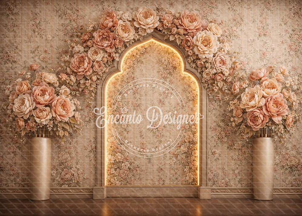 Avezano Peach Floral Neon Arch Photography Background By Encanto Designer