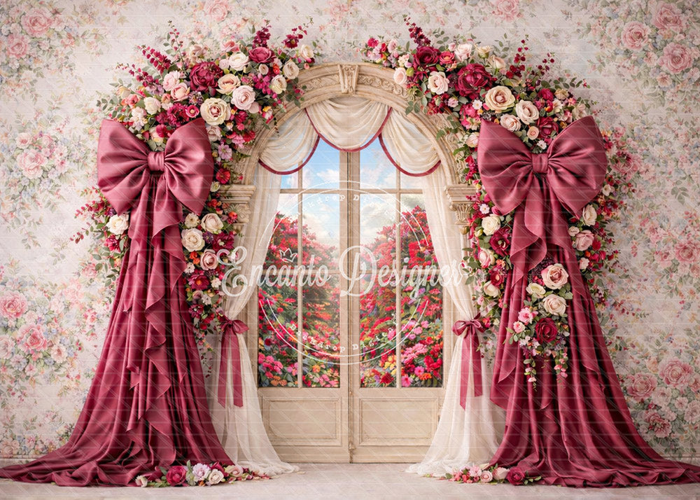 Avezano Pink Satin Bow Floral Window Photography Background By Encanto Designer