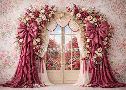 Avezano Pink Satin Bow Floral Window Photography Background By Encanto Designer