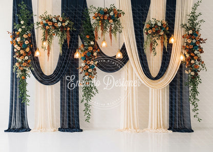 Avezano Navy Blue Curtain Floral Wedding Photography Background By Encanto Designer