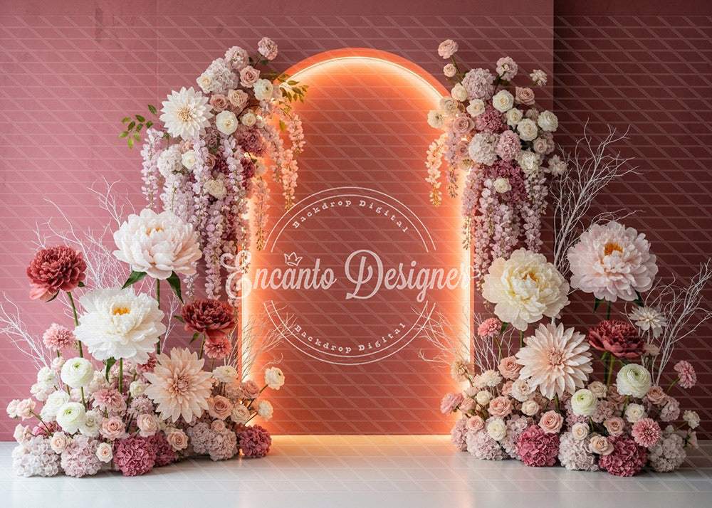 Avezano Blush Pink Floral Neon Arch Photography Background By Encanto Designer