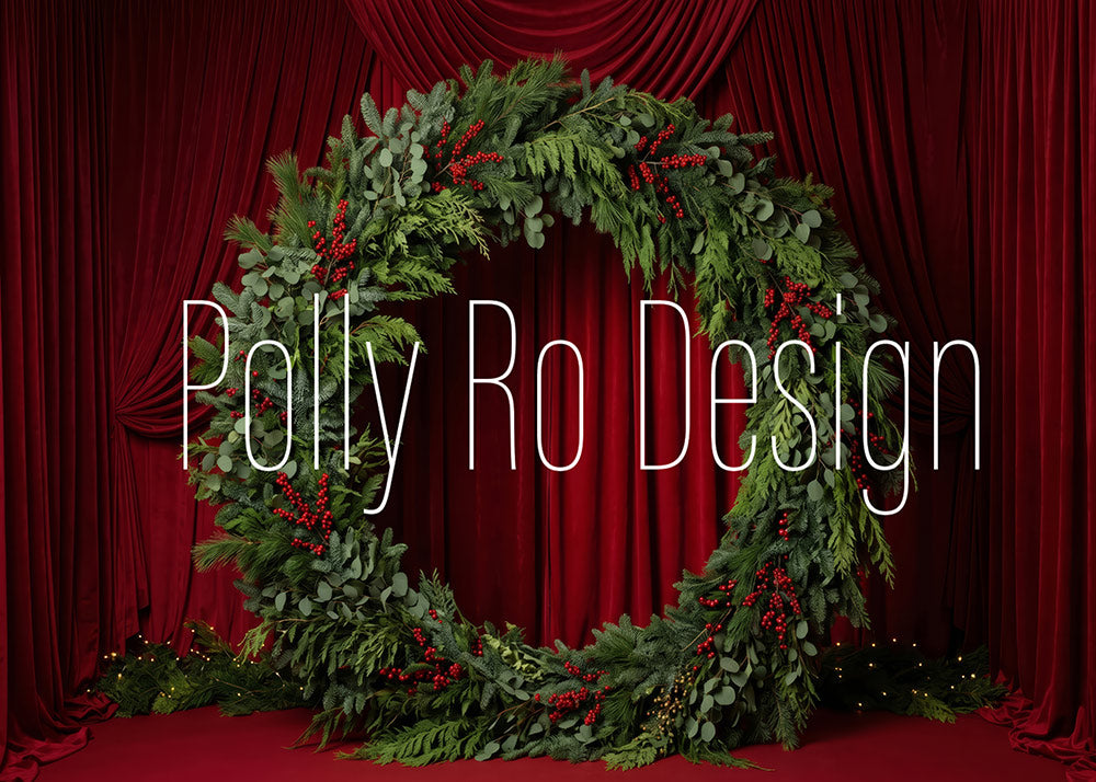 Avezano Red Curtain Christmas Wreath Photography Backdrop Designed By Polly Ro Design
