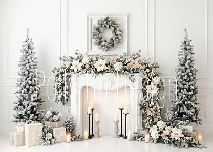 Avezano White Fireplace Floral Christmas Photography Backdrop Designed By Polly Ro Design