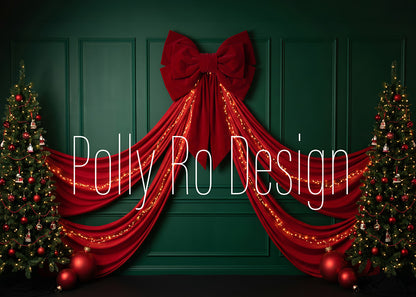 Avezano Green Wall Red Bow Christmas Photography Backdrop Designed By Polly Ro Design