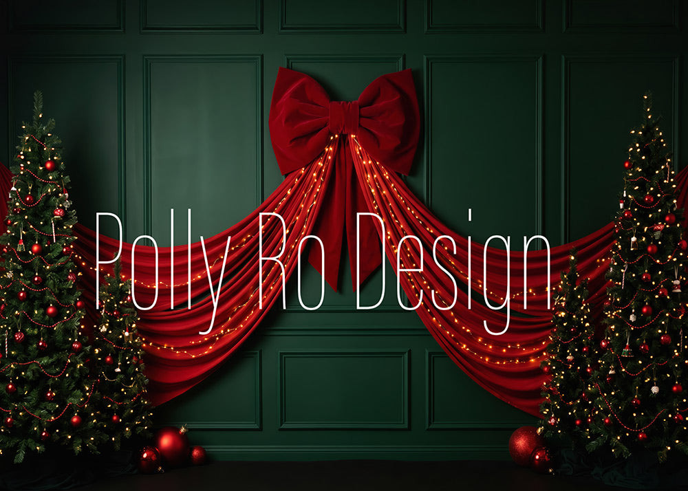 Avezano Dark Green Red Bow Curtain Christmas Photography Backdrop Designed By Polly Ro Design