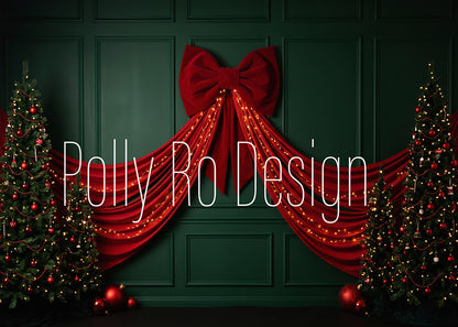 Avezano Dark Green Red Bow Curtain Christmas Photography Backdrop Designed By Polly Ro Design