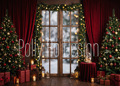 Avezano Red Curtain Wooden Window Christmas Photography Backdrop Designed By Polly Ro Design